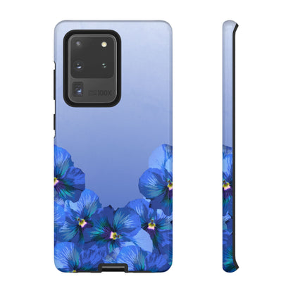Blue pansy floral gradient Samsung Galaxy S20 Ultra phone case shown in front and side view with botanical pansy flower design