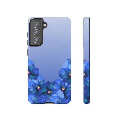 Blue pansy floral gradient Samsung Galaxy S21 FE phone case shown in front and side view with botanical pansy flower design