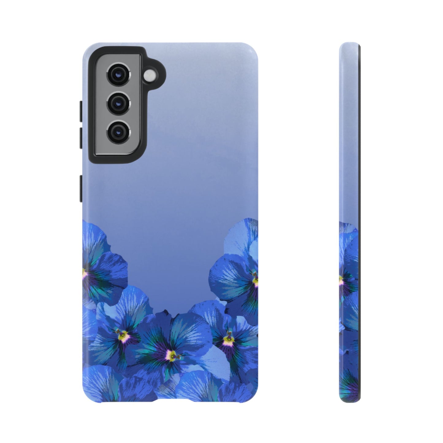 Blue pansy floral gradient Samsung Galaxy S21 phone case shown in front and side view with botanical pansy flower design
