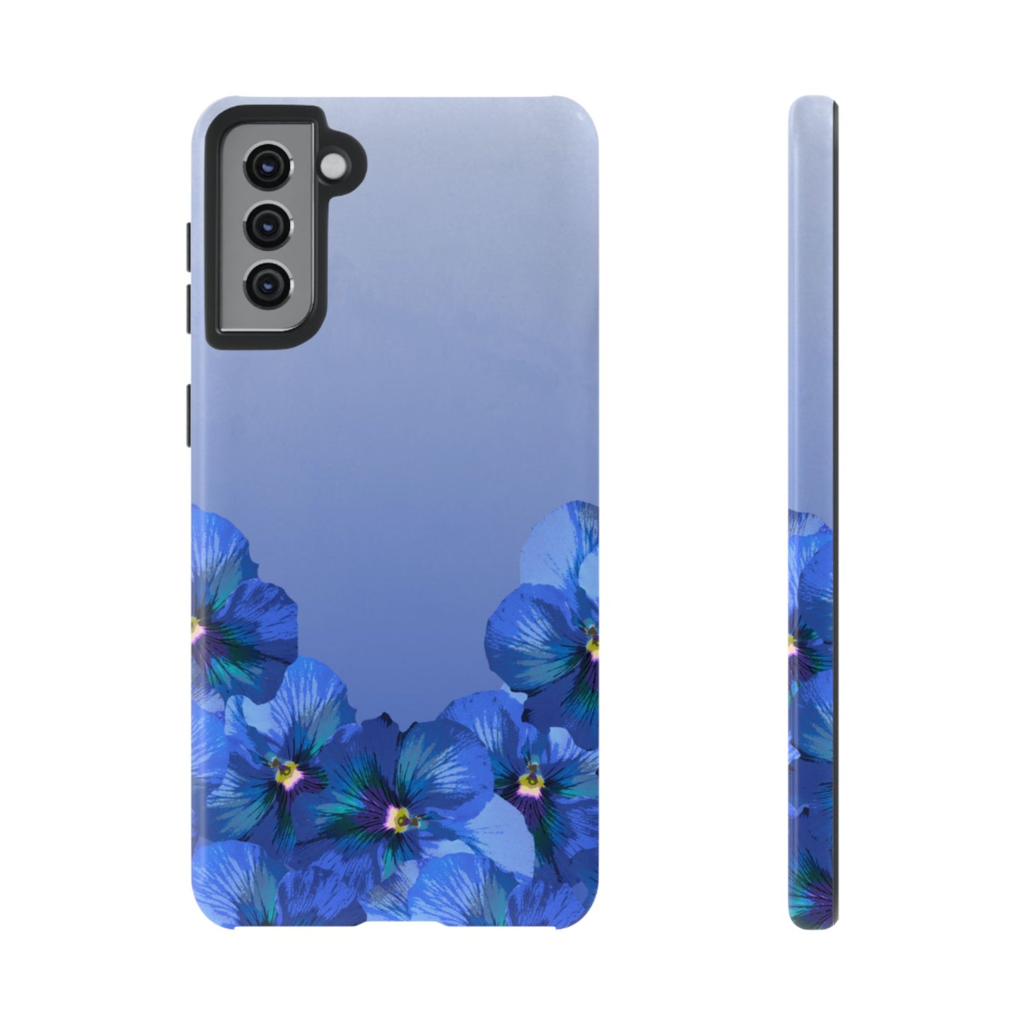 Blue pansy floral gradient Samsung Galaxy S21 Plus phone case shown in front and side view with botanical pansy flower design