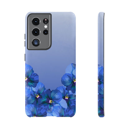 Blue pansy floral gradient Samsung Galaxy S21 Ultra phone case shown in front and side view with botanical pansy flower design