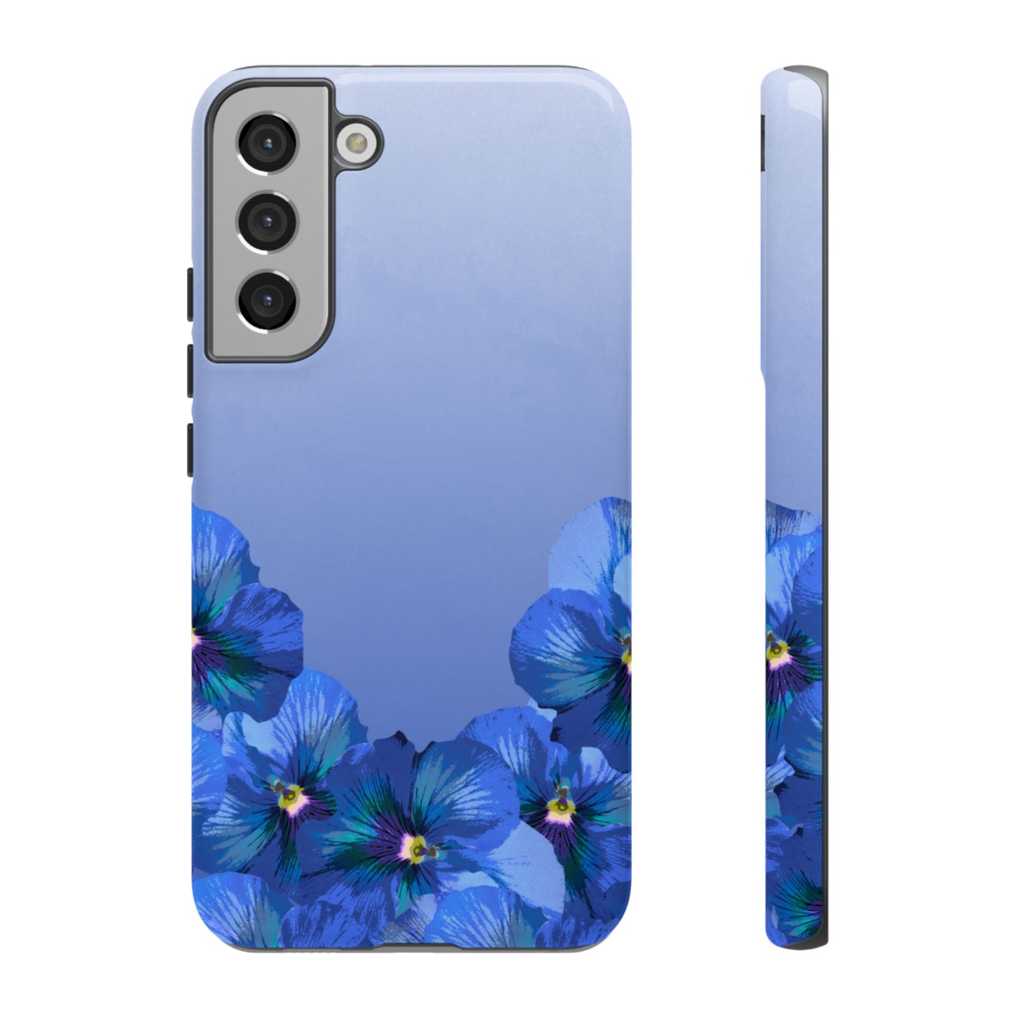 Blue pansy floral gradient Samsung Galaxy S22 Plus phone case shown in front and side view with botanical pansy flower design