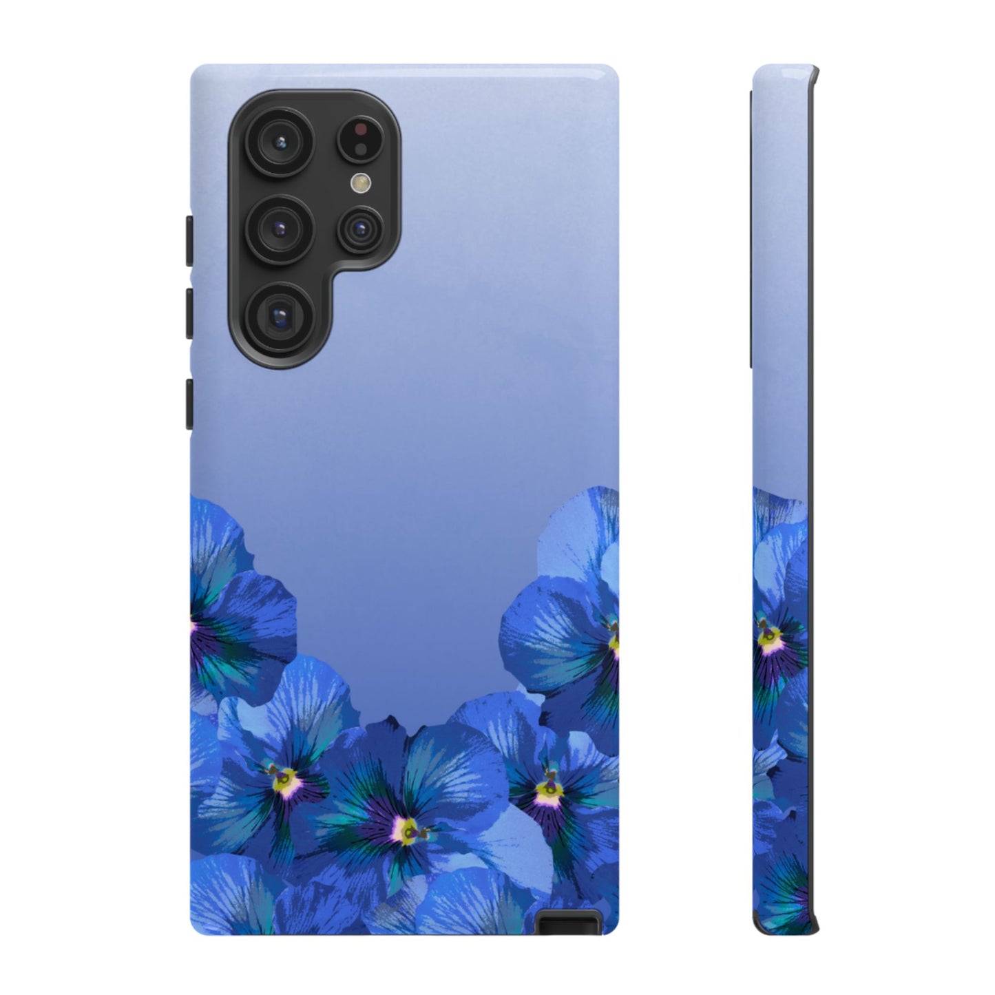Blue pansy floral gradient Samsung Galaxy S22 Ultra phone case shown in front and side view with botanical pansy flower design