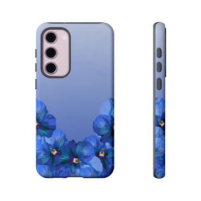 Blue pansy floral gradient Samsung Galaxy S23 Plus phone case shown in front and side view with botanical pansy flower design