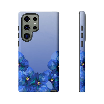 Blue pansy floral gradient Samsung Galaxy S23 Ultra phone case shown in front and side view with botanical pansy flower design