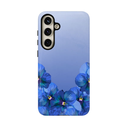 Blue pansy floral gradient Samsung Galaxy S24 plus phone case shown in front view with botanical pansy flower design