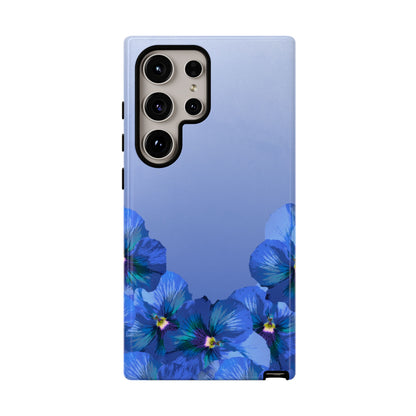 Blue pansy floral gradient Samsung Galaxy S24 Ultra phone case shown in front view with botanical pansy flower design