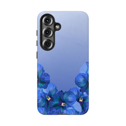 Blue pansy floral gradient Samsung Galaxy S25 phone case shown in front view with botanical pansy flower design