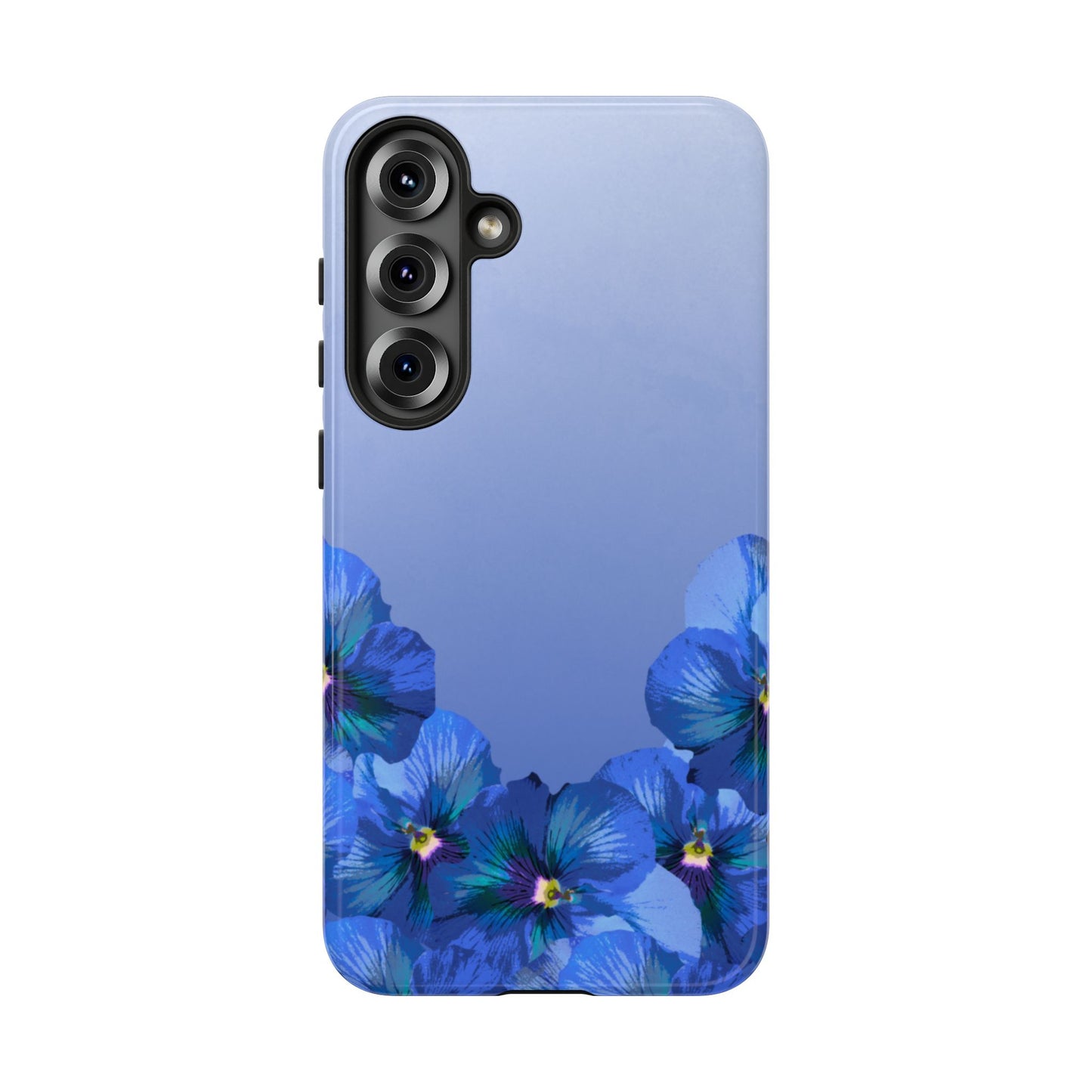 Blue pansy floral gradient Samsung Galaxy S25 plus phone case shown in front view with botanical pansy flower design