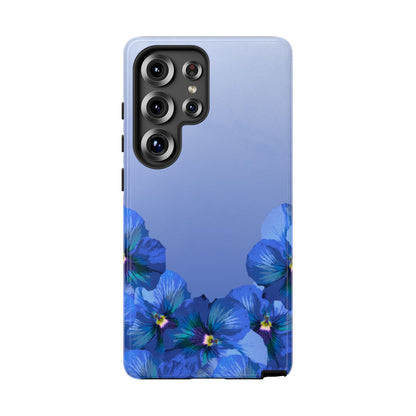 Blue pansy floral gradient Samsung Galaxy S25 ultra phone case shown in front view with botanical pansy flower design