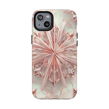 Blush Frost blush pink floral iPhone 14 Plus MagSafe case featuring soft sculpted petal geometry with delicate frosted botanical design.