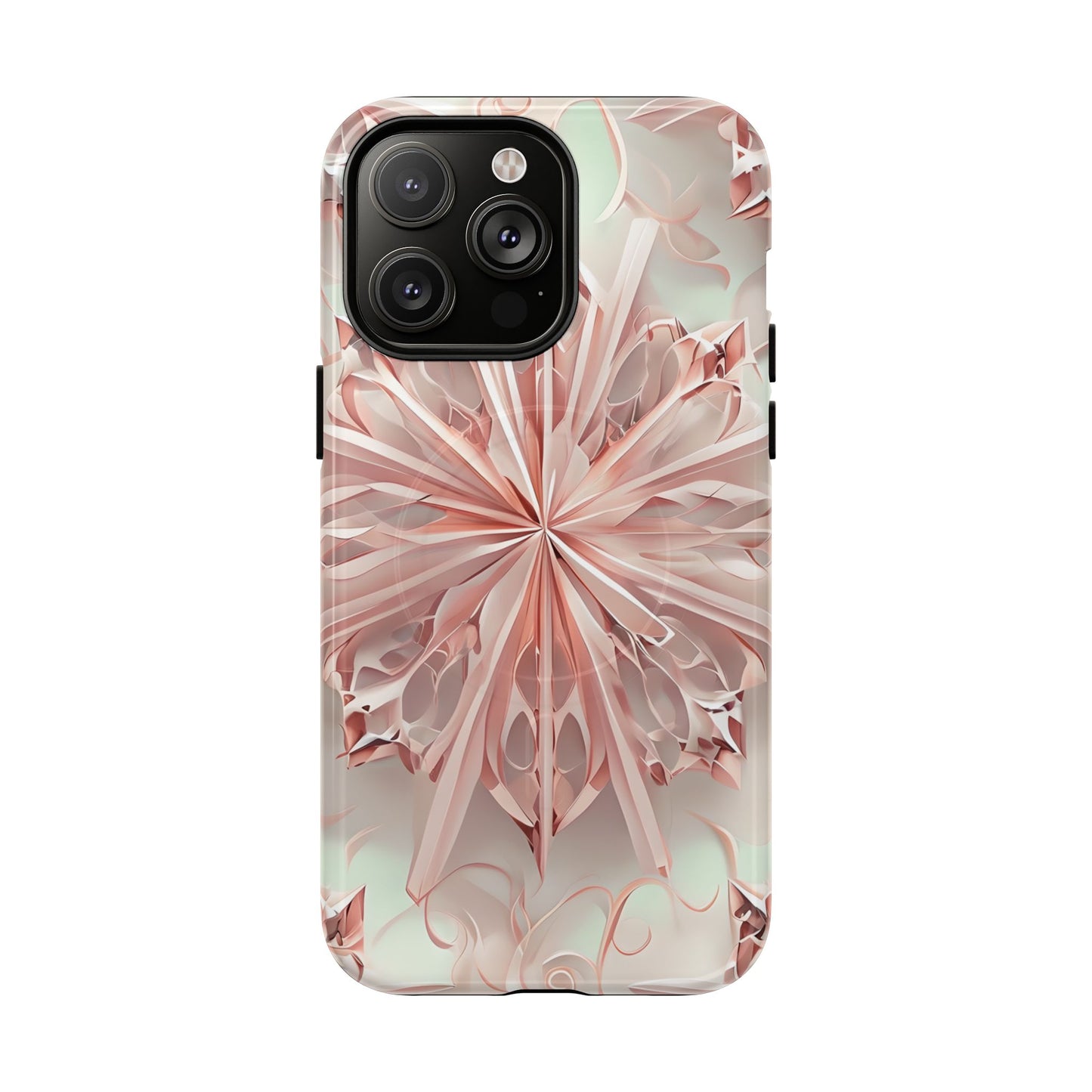 Blush Frost blush pink floral iPhone 14 Pro Max MagSafe case featuring soft sculpted petal geometry with delicate frosted botanical design.