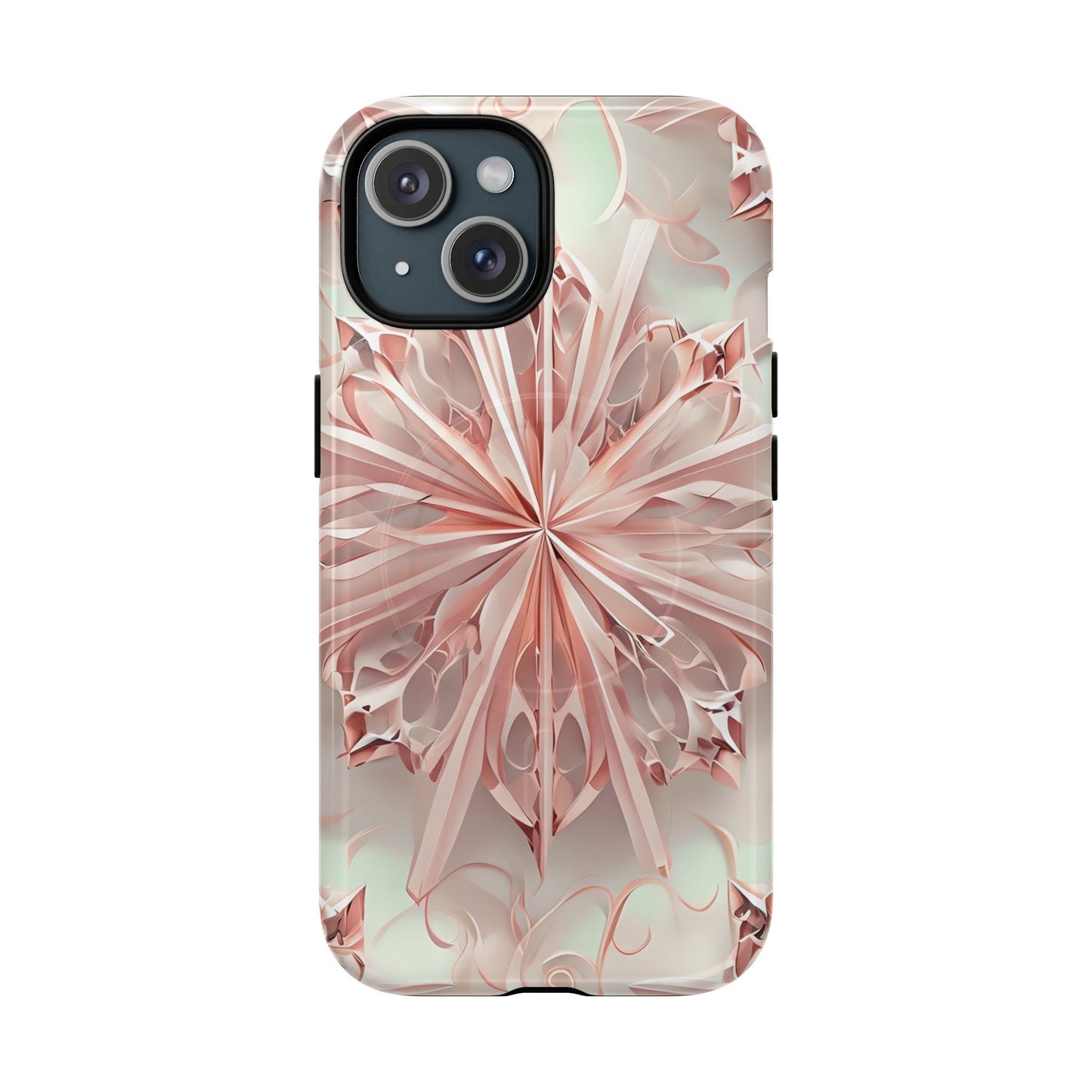Blush Frost blush pink floral iPhone 15 MagSafe case featuring soft sculpted petal geometry with delicate frosted botanical design.