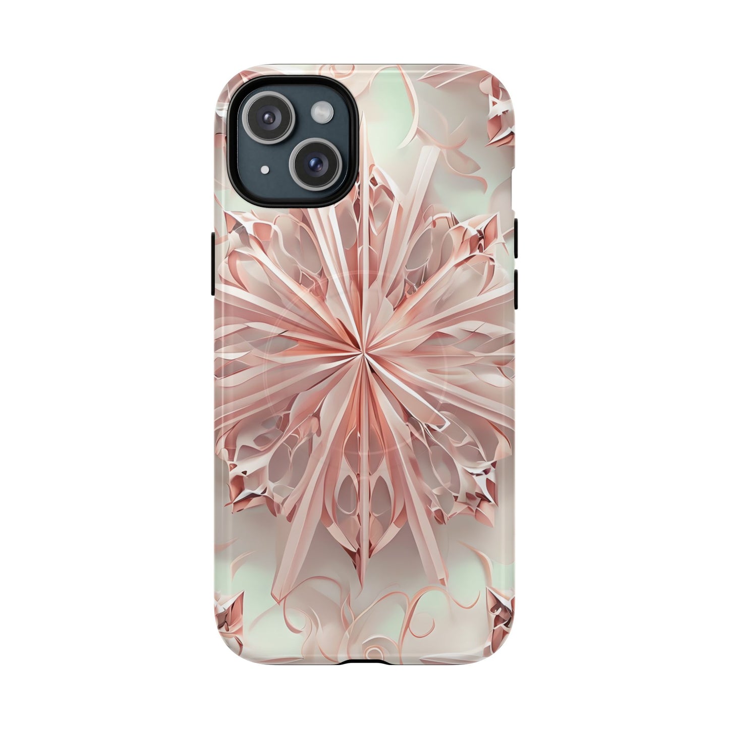 Blush Frost blush pink floral iPhone 15 Plus MagSafe case featuring soft sculpted petal geometry with delicate frosted botanical design.
