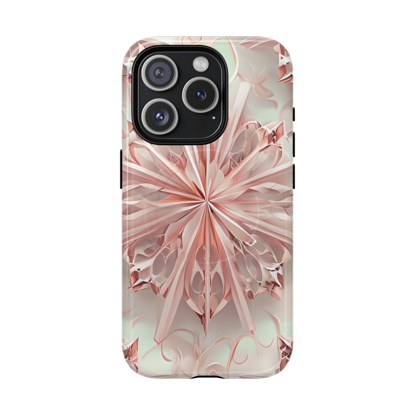 Blush Frost blush pink floral iPhone 15 Pro MagSafe case featuring soft sculpted petal geometry with delicate frosted botanical design.
