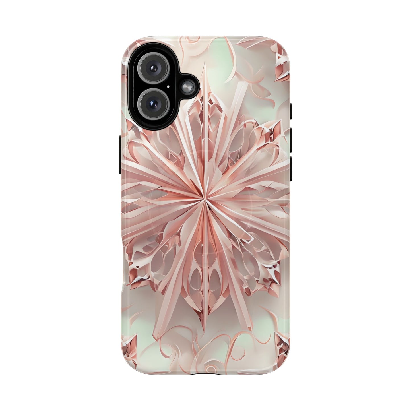 Blush Frost blush pink floral iPhone 16 Plus MagSafe case featuring soft sculpted petal geometry with delicate frosted botanical design.