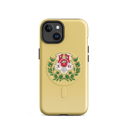 Chi Omega iPhone case featuring official crest with cardinal, straw, and green details, MagSafe compatible, glossy finish