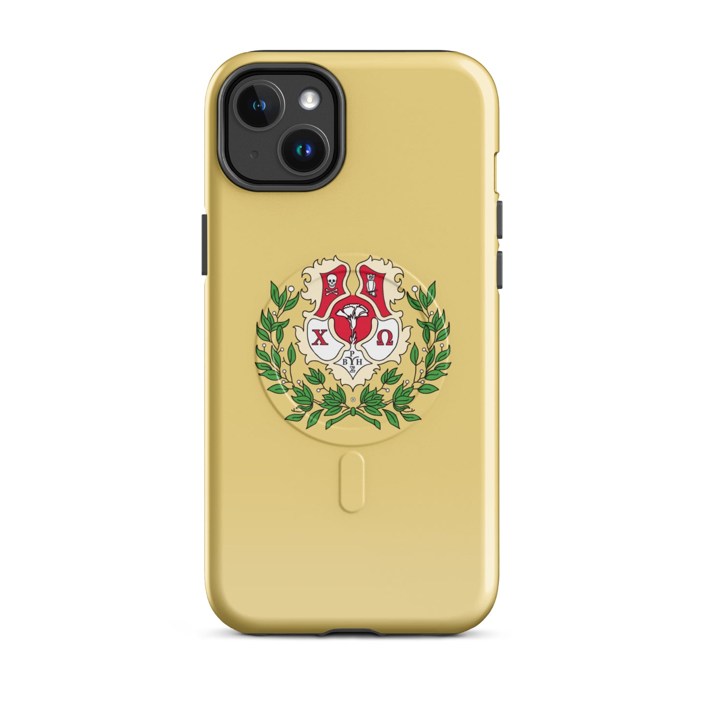 Chi Omega iPhone 14 Plus case featuring official crest with cardinal, straw, and green details, MagSafe compatible, glossy finish