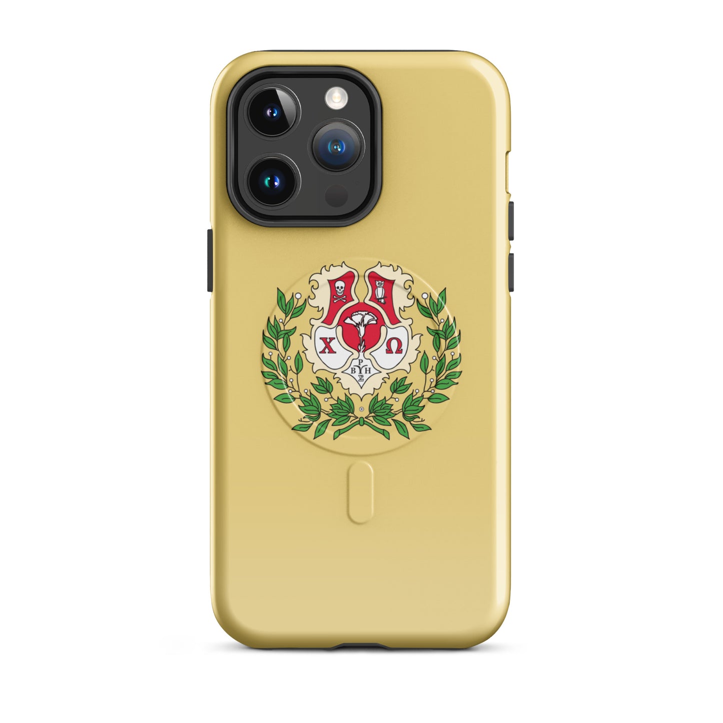 Chi Omega crest iPhone 14 Pro Max case with cardinal and straw colors and green laurel wreath, MagSafe compatible protective phone case