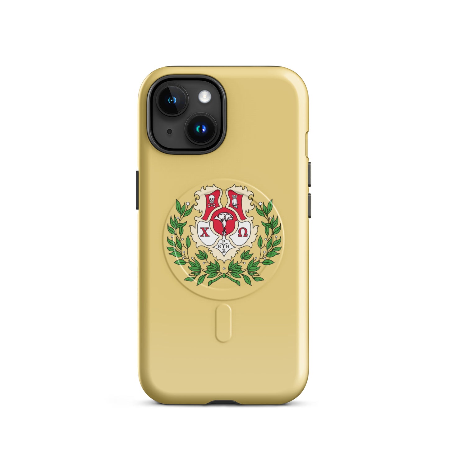 Chi Omega iPhone 15 case featuring official crest with cardinal, straw, and green details, MagSafe compatible, glossy finish