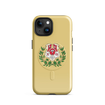 Chi Omega iPhone 15 case featuring official crest with cardinal, straw, and green details, MagSafe compatible, glossy finish