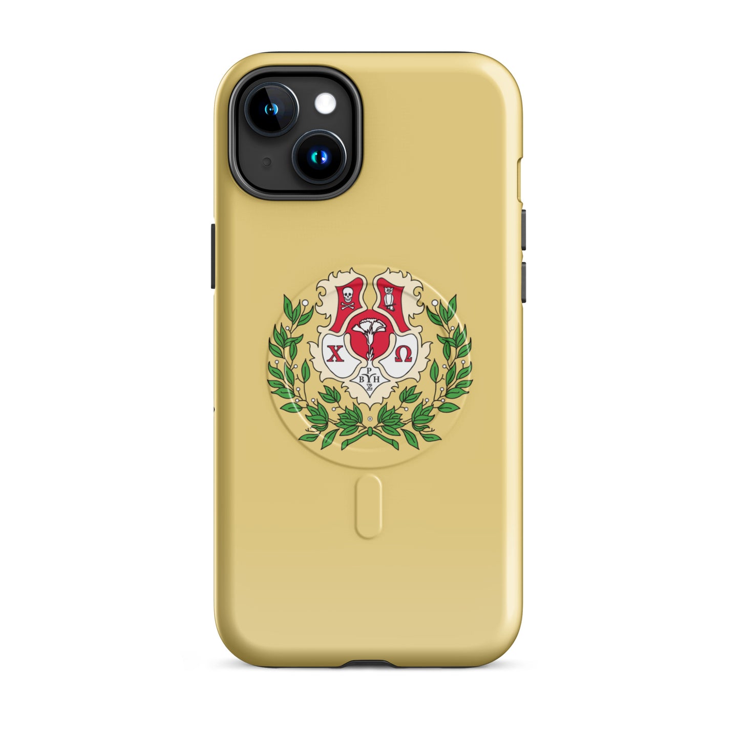 Chi Omega iPhone 15 Plus case with detailed sorority crest design in cardinal, straw, and green with laurel elements, MagSafe compatible