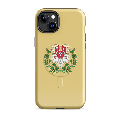 Chi Omega iPhone 15 Plus case with detailed sorority crest design in cardinal, straw, and green with laurel elements, MagSafe compatible