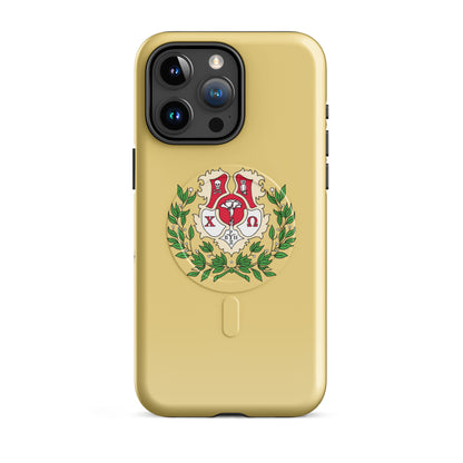 Chi Omega iPhone 15 Pro Max case featuring official crest with cardinal, straw, and green details, MagSafe compatible, glossy finish