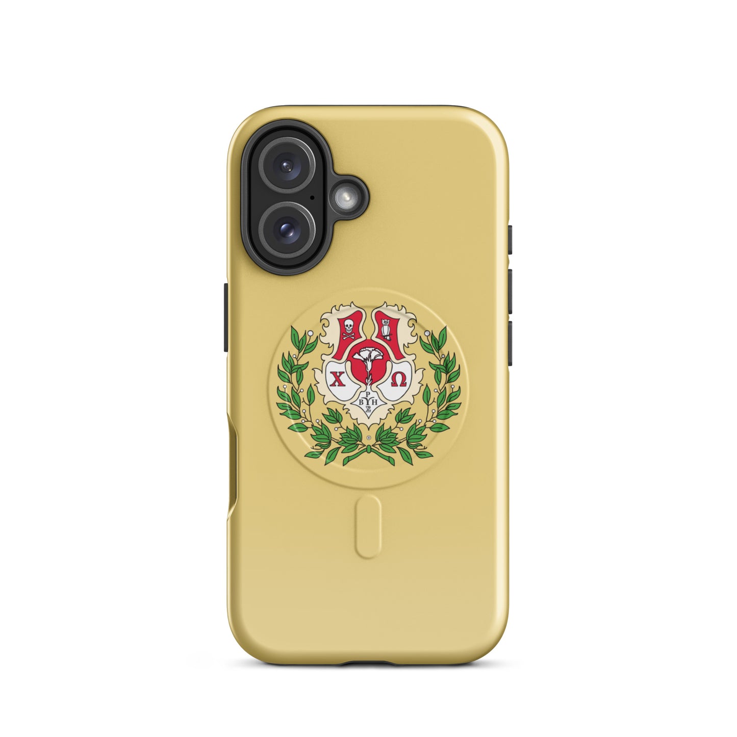 Chi Omega iPhone 16 case with detailed sorority crest design in cardinal, straw, and green with laurel elements, MagSafe compatible