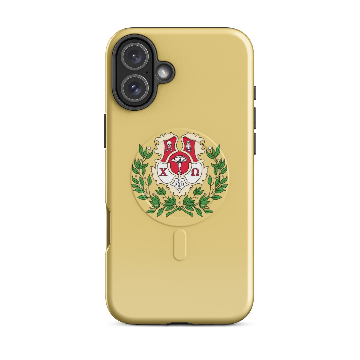 Chi Omega crest iPhone 16 Plus case with cardinal and straw colors and green laurel wreath, MagSafe compatible protective phone case