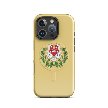 Chi Omega iPhone 16 Pro case featuring official crest with cardinal, straw, and green details, MagSafe compatible, glossy finish