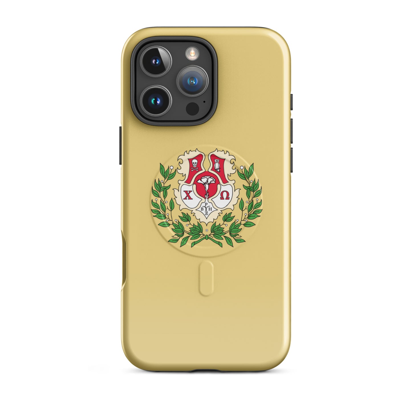 Chi Omega iPhone 16 Pro Max case with detailed sorority crest design in cardinal, straw, and green with laurel elements, MagSafe compatible