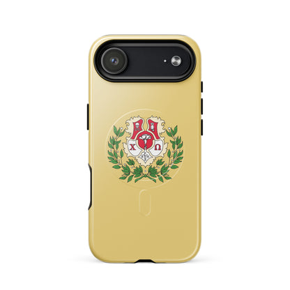 Chi Omega iPhone 17 Air case featuring official crest with cardinal, straw, and green details, MagSafe compatible, glossy finish