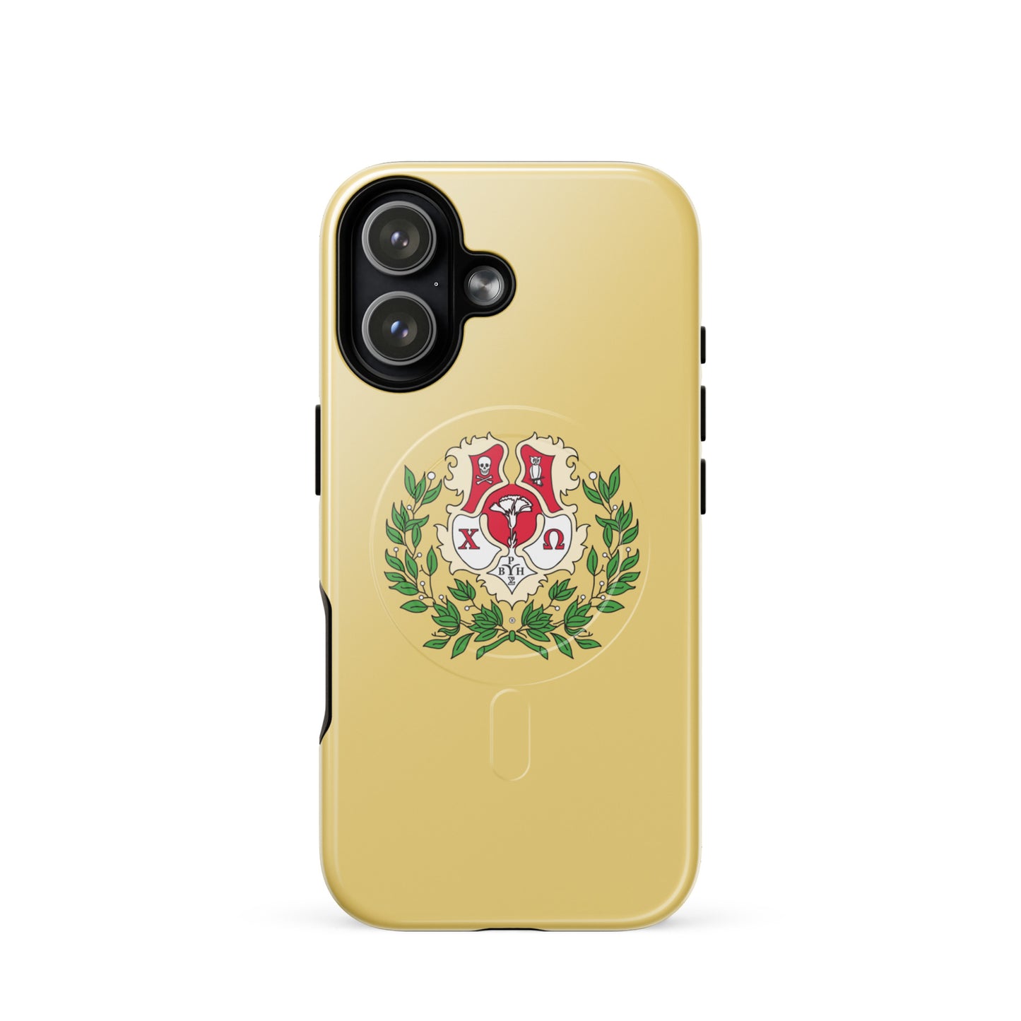 Chi Omega crest iPhone 17 case with cardinal and straw colors and green laurel wreath, MagSafe compatible protective phone case