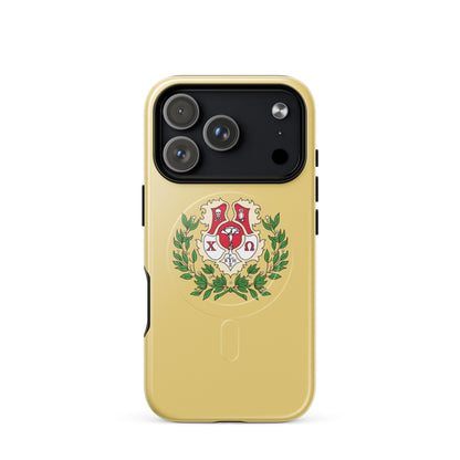 Chi Omega iPhone 17 Pro case with detailed sorority crest design in cardinal, straw, and green with laurel elements, MagSafe compatible