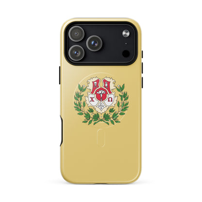 Chi Omega crest iPhone 17 Pro Max case with cardinal and straw colors and green laurel wreath, MagSafe compatible protective phone case