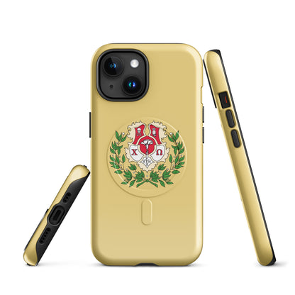 Chi Omega iPhone case featuring official crest with cardinal, straw, and green details, MagSafe compatible, glossy finish, multi view
