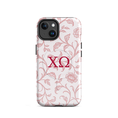 Chi Omega iPhone 14 case with floral toile design in cardinal on white background and XO Greek letters, MagSafe compatible, glossy finish