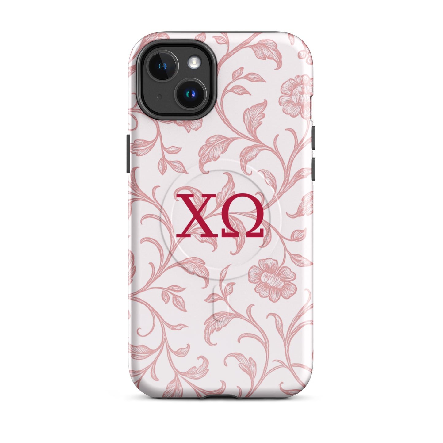 Chi Omega iPhone 14 Plus case featuring delicate floral toile pattern in cardinal red with XO Greek letters, MagSafe compatible