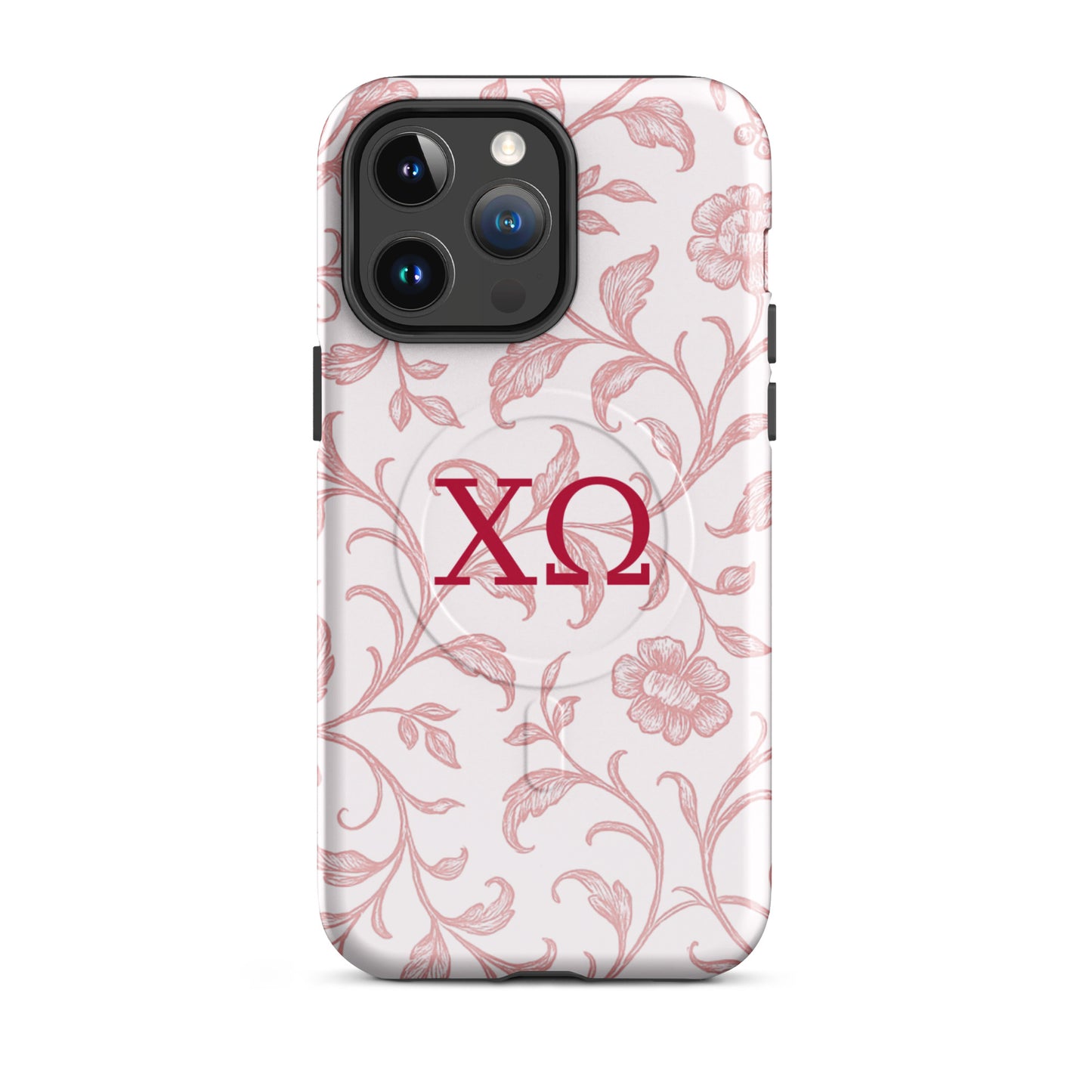 Chi Omega iPhone 14 Pro Max case featuring delicate floral toile pattern in cardinal red with XO Greek letters, MagSafe compatible