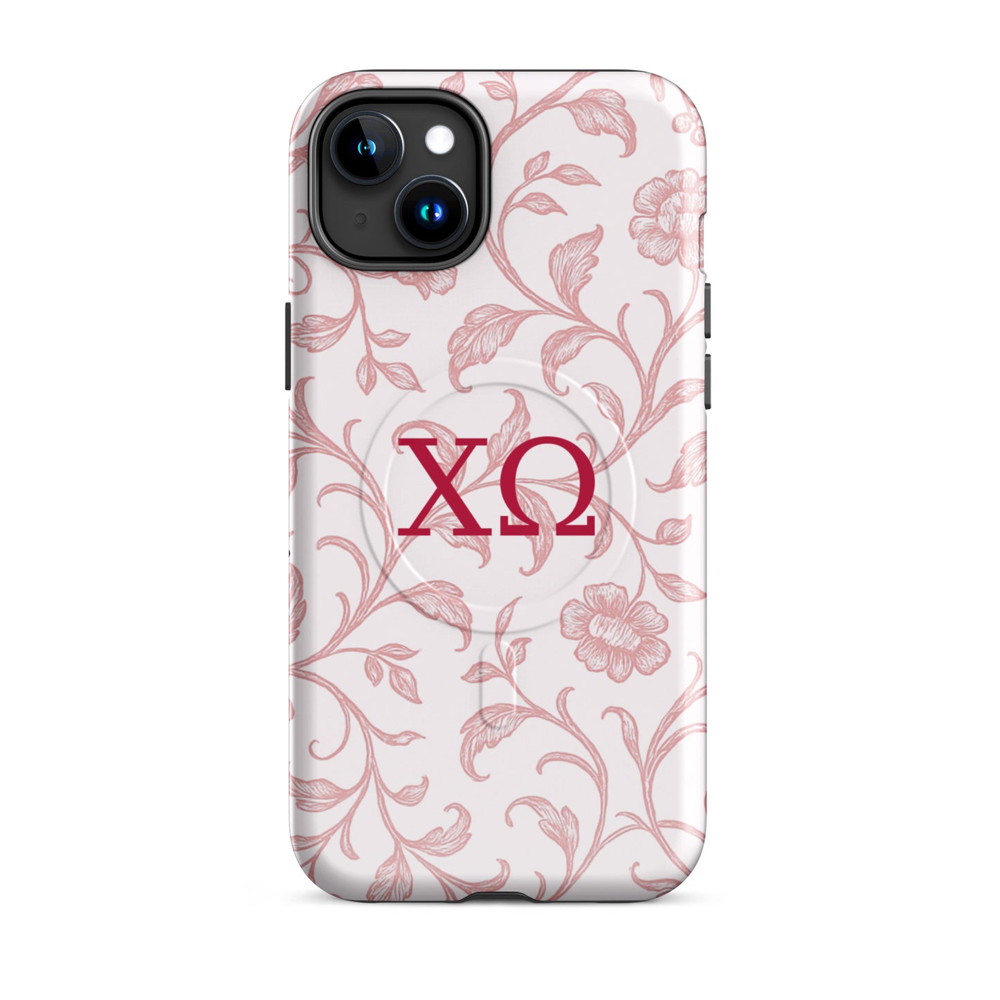 Chi Omega iPhone 15 Plus case featuring delicate floral toile pattern in cardinal red with XO Greek letters, MagSafe compatible