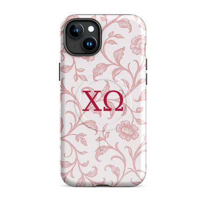 Chi Omega iPhone 15 Plus case featuring delicate floral toile pattern in cardinal red with XO Greek letters, MagSafe compatible