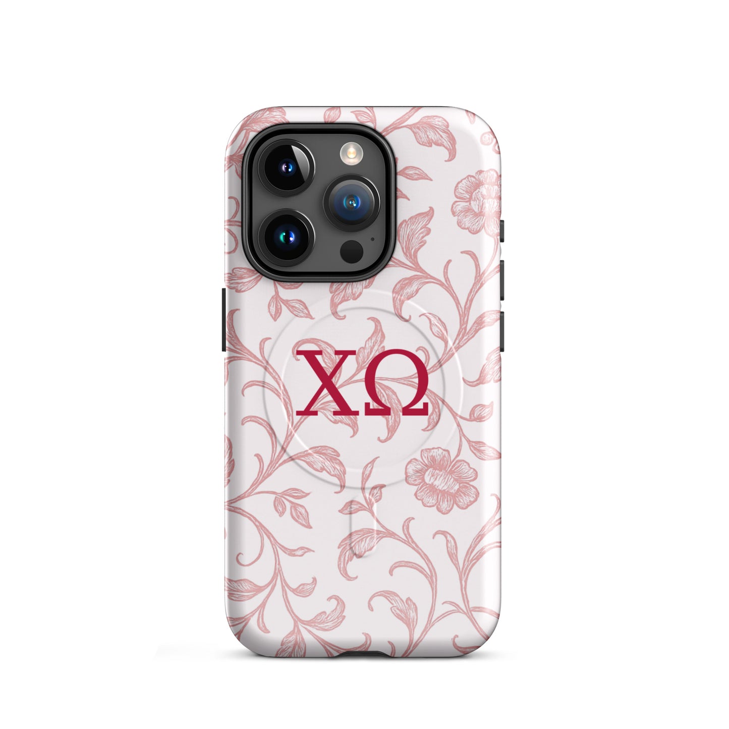 Chi Omega floral toile iPhone 15 Pro case with cardinal and white colors and XO letters, MagSafe compatible protective phone case
