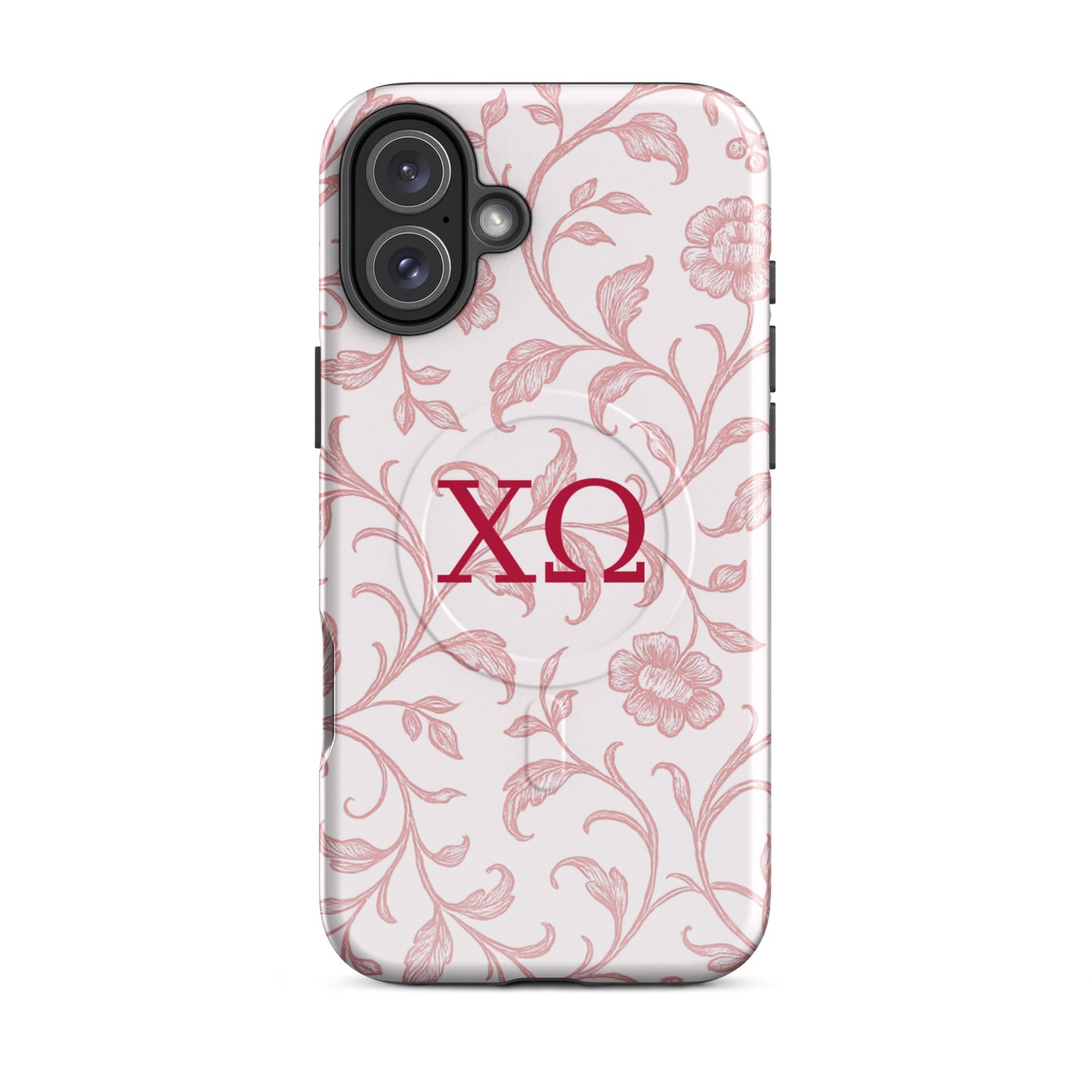 Chi Omega floral toile iPhone 16 Plus case with cardinal and white colors and XO letters, MagSafe compatible protective phone case