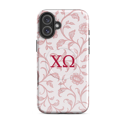 Chi Omega floral toile iPhone 16 Plus case with cardinal and white colors and XO letters, MagSafe compatible protective phone case