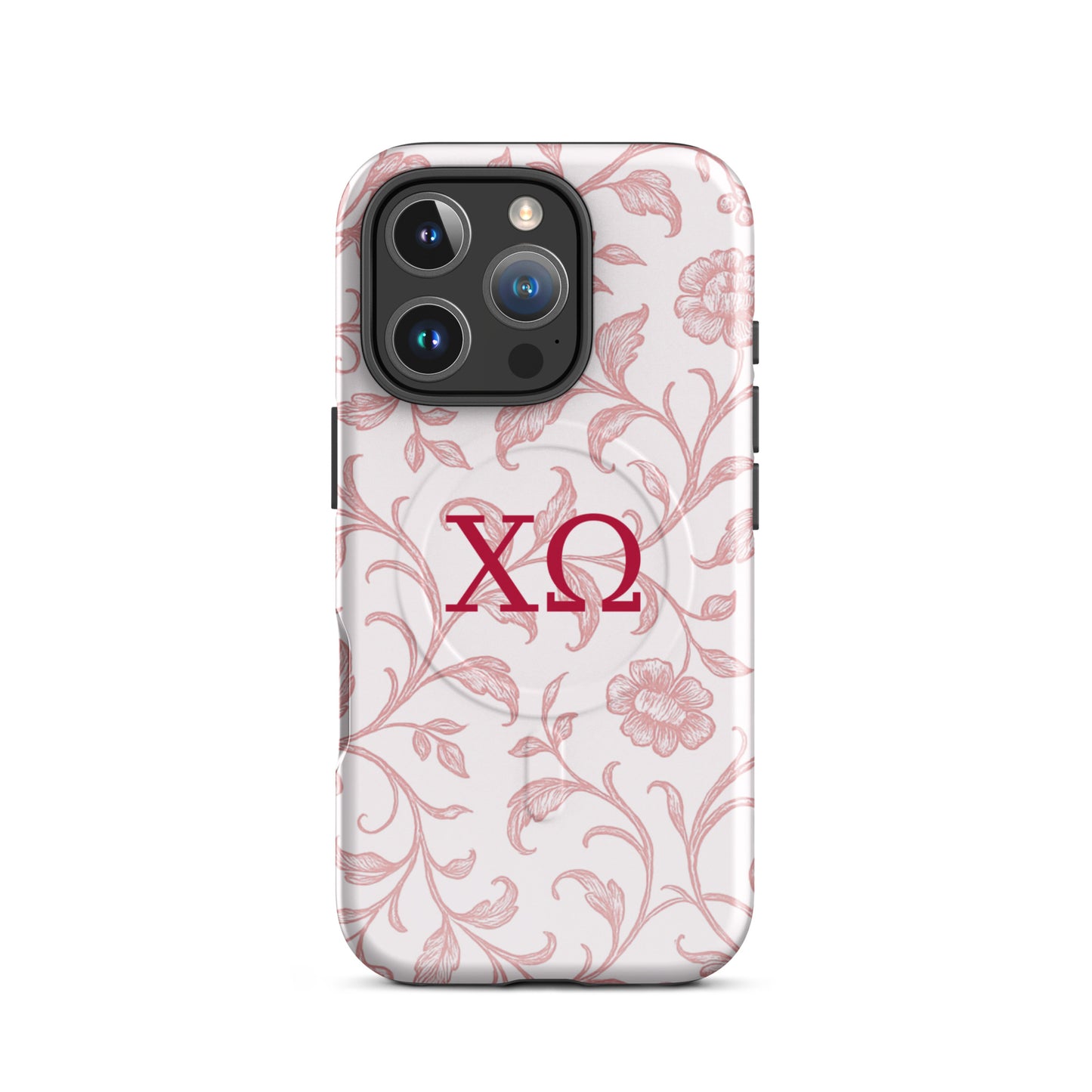 Chi Omega iPhone 16 Pro case with floral toile design in cardinal on white background and XO Greek letters, MagSafe compatible, glossy finish