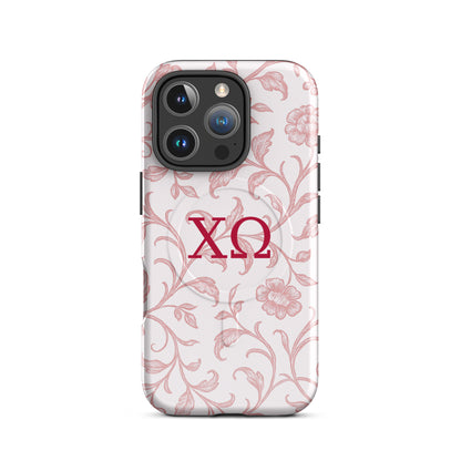 Chi Omega iPhone 16 Pro case with floral toile design in cardinal on white background and XO Greek letters, MagSafe compatible, glossy finish