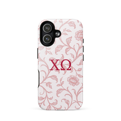 Chi Omega floral toile iPhone 17 case with cardinal and white colors and XO letters, MagSafe compatible protective phone case