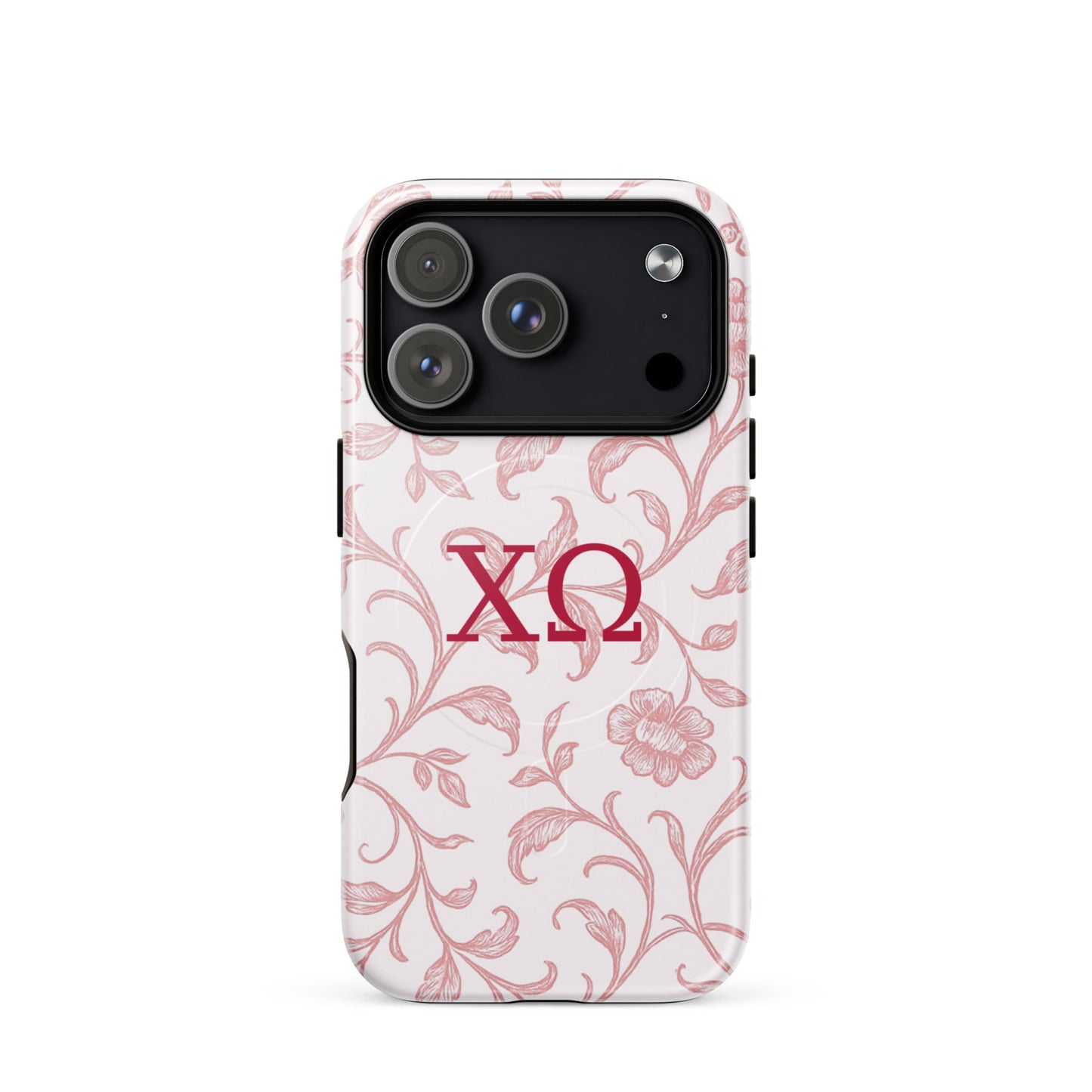 Chi Omega iPhone 17 Pro case with floral toile design in cardinal on white background and XO Greek letters, MagSafe compatible, glossy finish