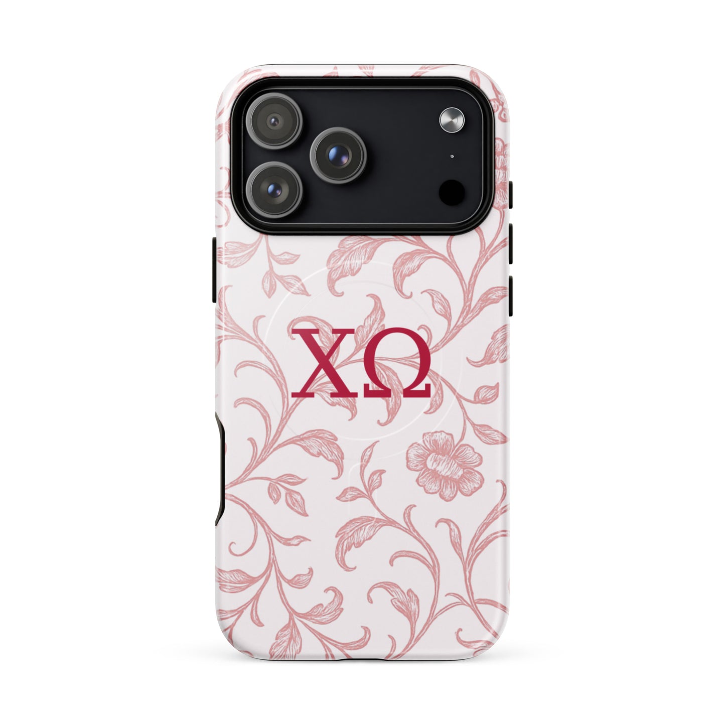 Chi Omega iPhone 17 Pro Max case featuring delicate floral toile pattern in cardinal red with XO Greek letters, MagSafe compatible